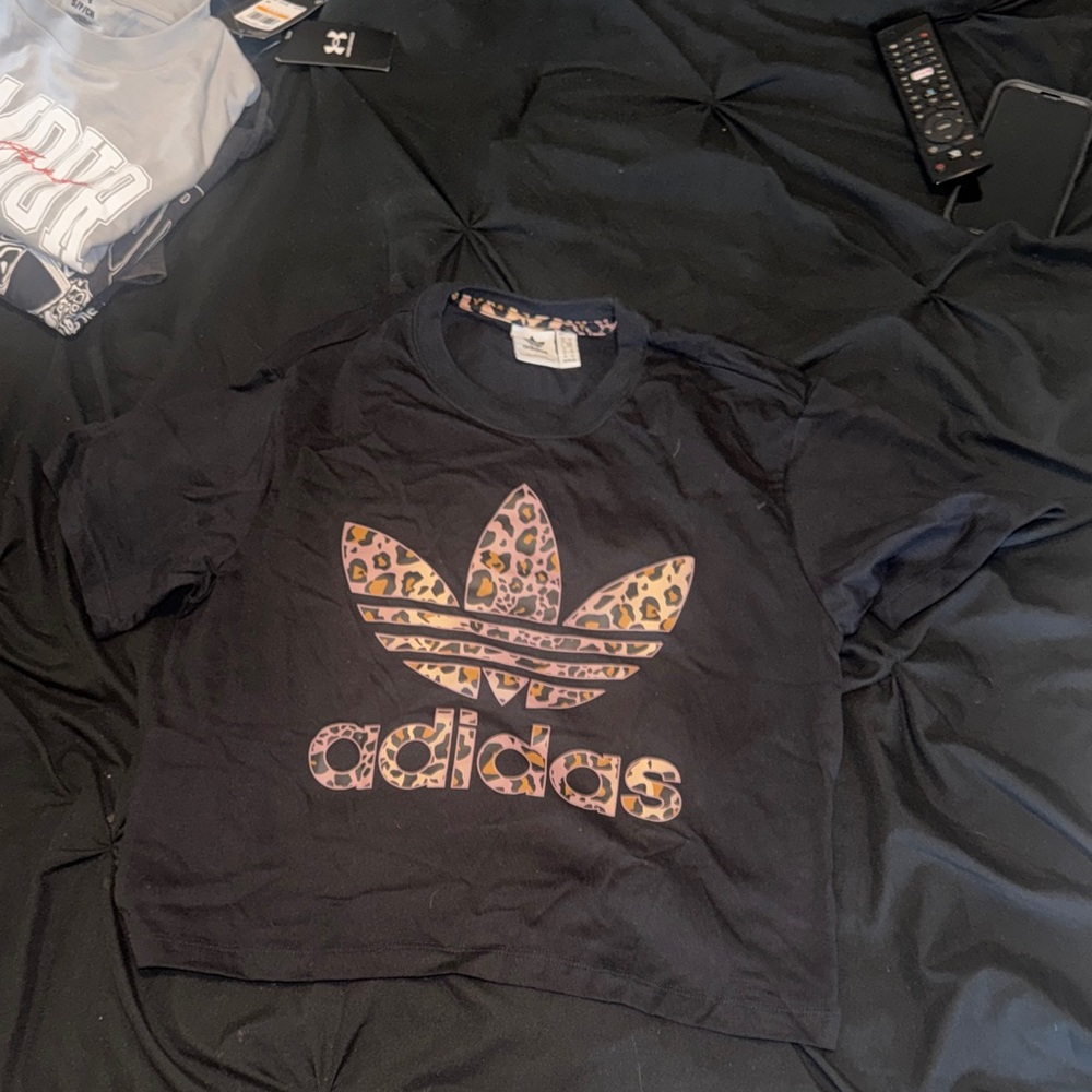 Adidas Black Tee with Leopard Graphic crop top